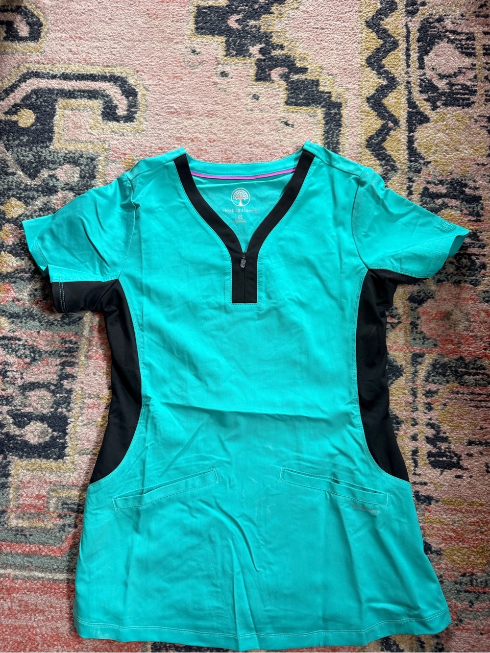 healing hands Teal Scrub Top with Black Panels